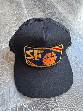 BART Bridge Black Trucker Hat with Orange & Navy SF Basketball Patch 0647